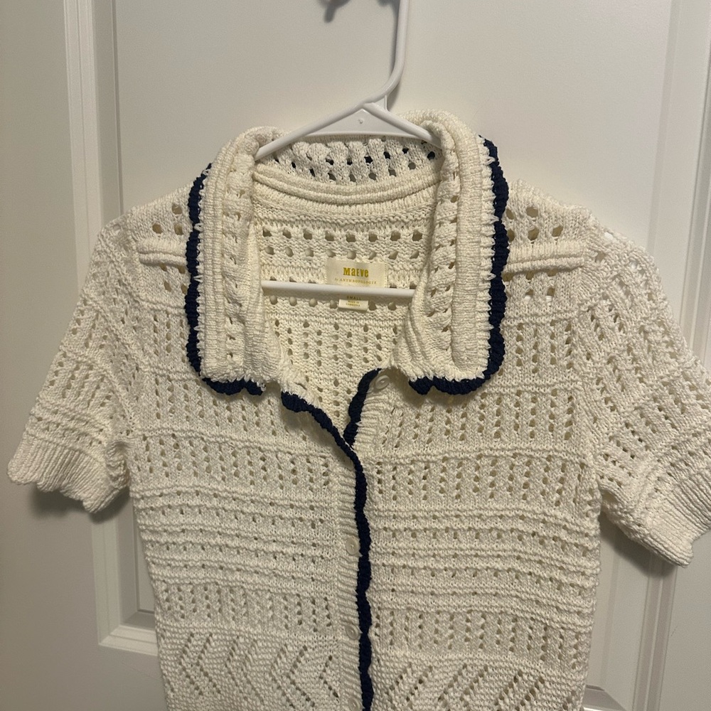 Maeve Cream Crochet Short Sleeve Cardigan with Navy Trim